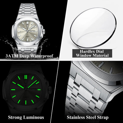 POEDAGAR Luxury Military Man Watch Square Waterproof Luminous Date Week Men Watch Stainless Steel Quartz Men's Watches Reloj+box - MANDOTOS
