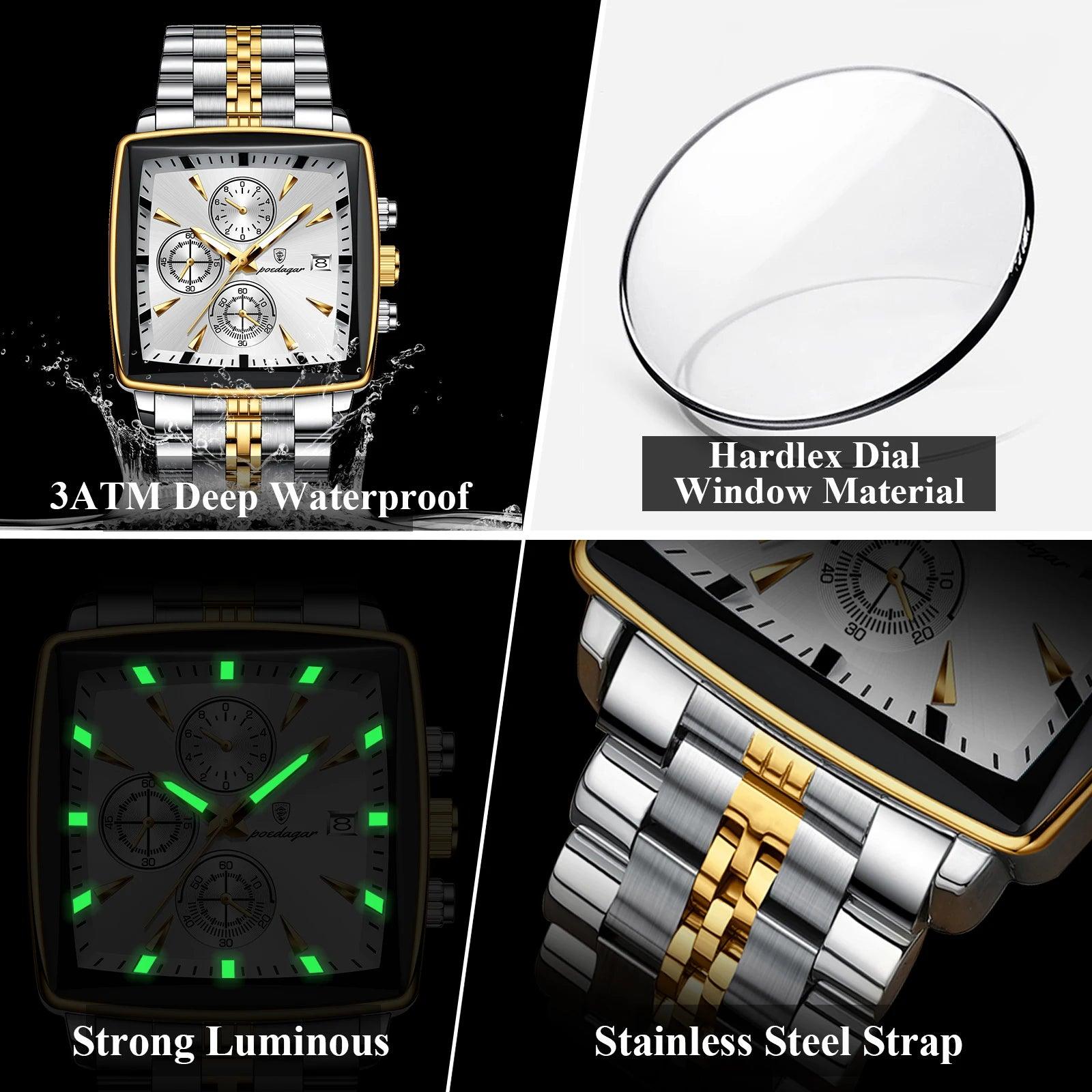 POEDAGAR Luxury Square Sport Man Wristwatch Waterproof Luminous Chronograph Quartz Men's Watches Stainless Steel Men Watch Reloj - MANDOTOS