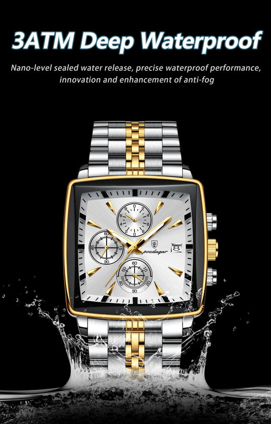 POEDAGAR Luxury Square Sport Man Wristwatch Waterproof Luminous Chronograph Quartz Men's Watches Stainless Steel Men Watch Reloj - MANDOTOS