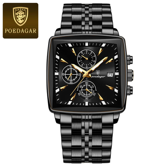 POEDAGAR Luxury Square Sport Man Wristwatch Waterproof Luminous Chronograph Quartz Men's Watches Stainless Steel Men Watch Reloj - MANDOTOS