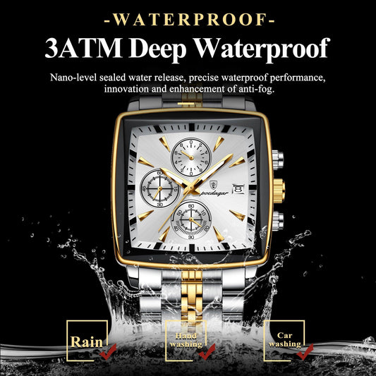 POEDAGAR Luxury Square Sport Man Wristwatch Waterproof Luminous Chronograph Quartz Men's Watches Stainless Steel Men Watch Reloj - MANDOTOS