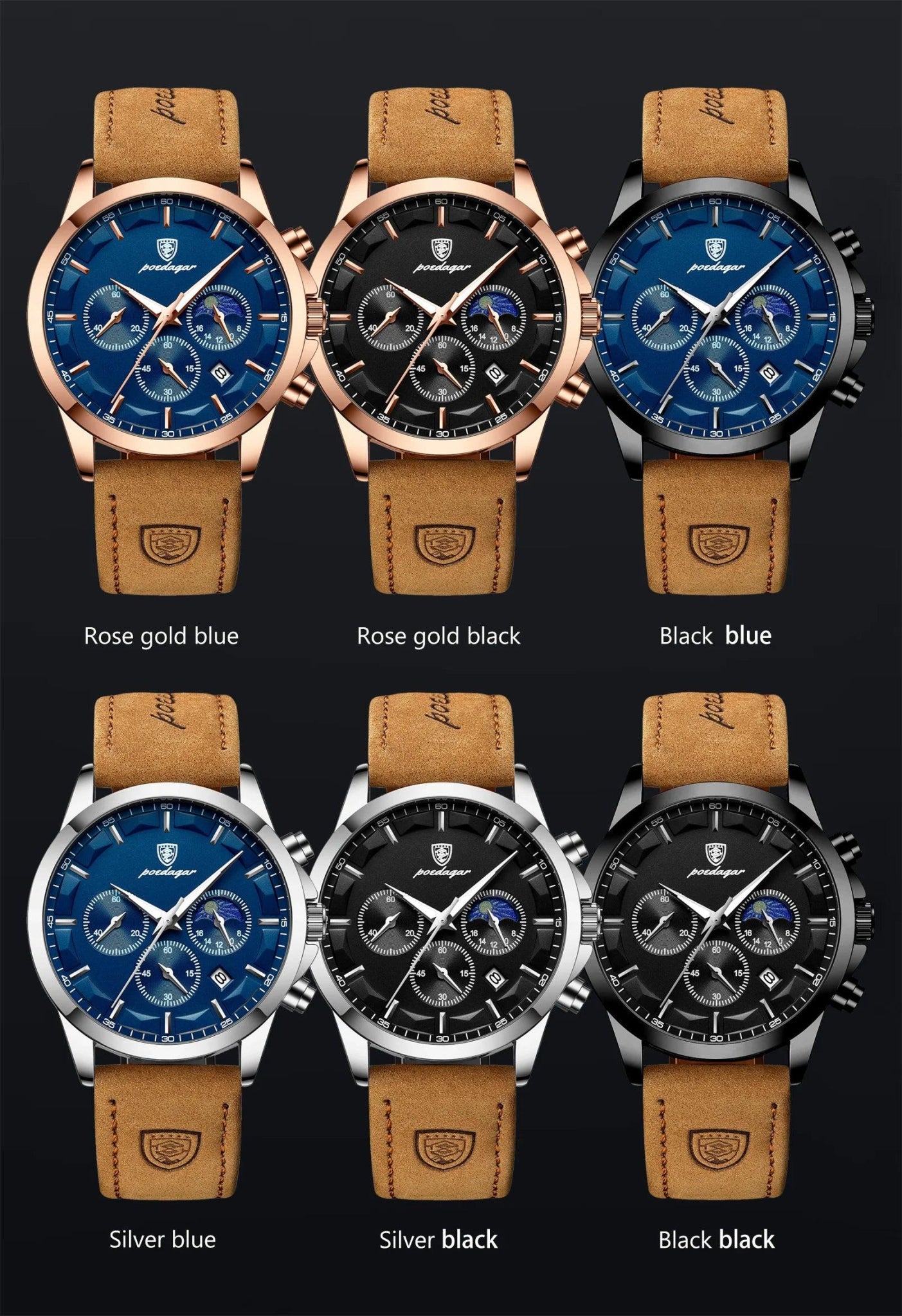 POEDAGAR Men Quartz Watch Luxury Sports Waterproof Chronograph Luminous Date Man Wristwatch Business Leather Men's Watches Clock - MANDOTOS
