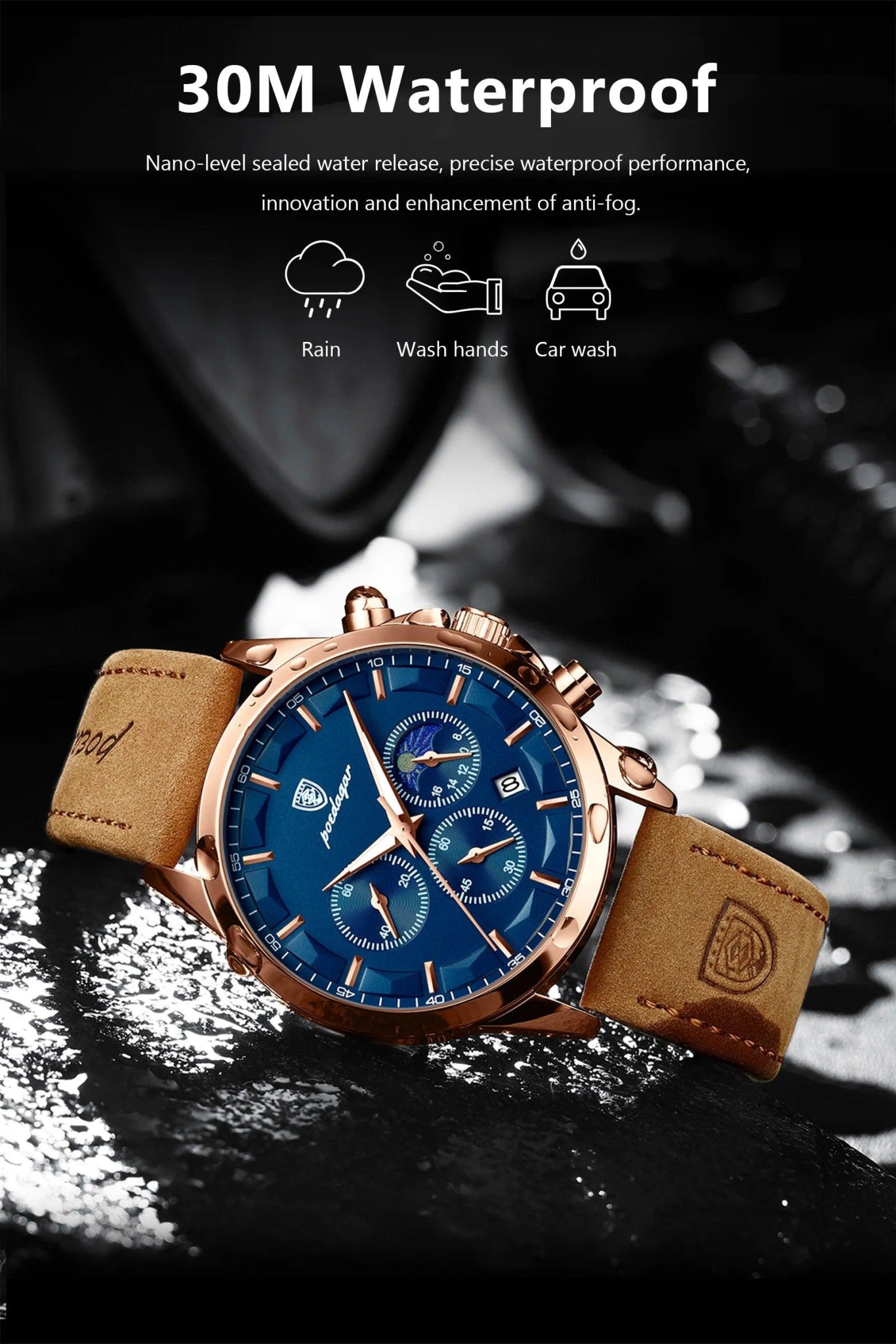 POEDAGAR Men Quartz Watch Luxury Sports Waterproof Chronograph Luminous Date Man Wristwatch Business Leather Men's Watches Clock - MANDOTOS