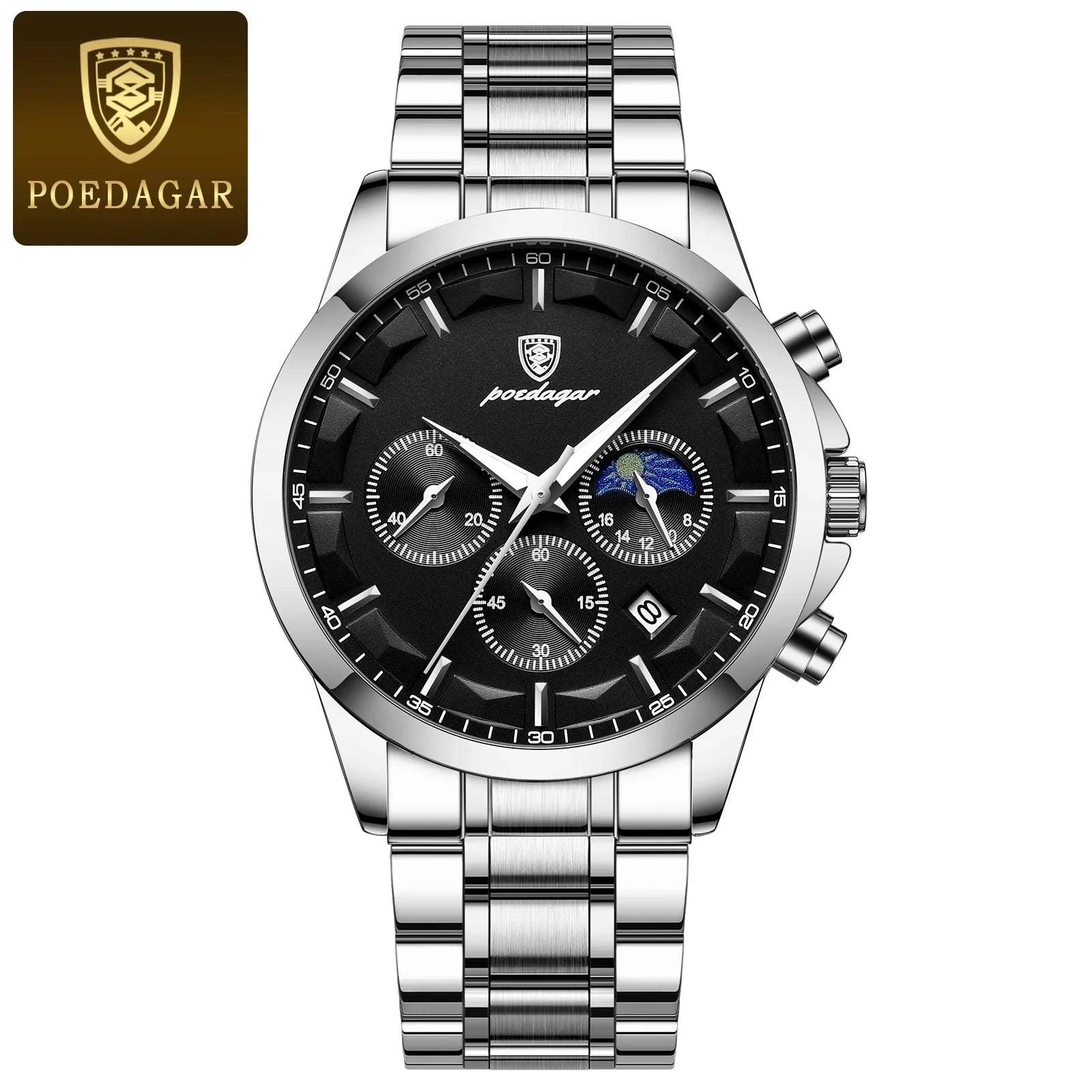 POEDAGAR Men Quartz Watch Luxury Sports Waterproof Chronograph Luminous Date Man Wristwatch Business Leather Men's Watches Clock - MANDOTOS