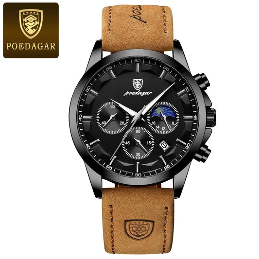 POEDAGAR Men Quartz Watch Luxury Sports Waterproof Chronograph Luminous Date Man Wristwatch Business Leather Men's Watches Clock - MANDOTOS