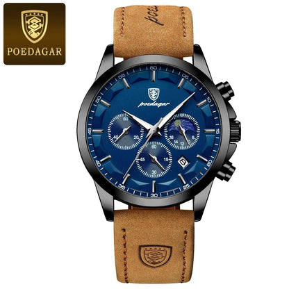 POEDAGAR Men Quartz Watch Luxury Sports Waterproof Chronograph Luminous Date Man Wristwatch Business Leather Men's Watches Clock - MANDOTOS