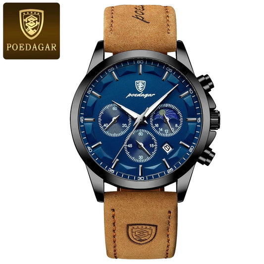 POEDAGAR Men Quartz Watch Luxury Sports Waterproof Chronograph Luminous Date Man Wristwatch Business Leather Men's Watches Clock - MANDOTOS