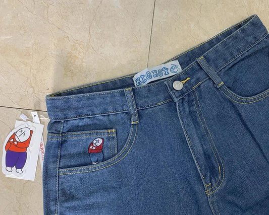 Polar Big Boy Embroidery Jeans Y2K Pants Streetwear Gothic Cartoon Blue Baggy Jeans Retro Punk Rock High Waist Denim Trousers - MANDOTOS