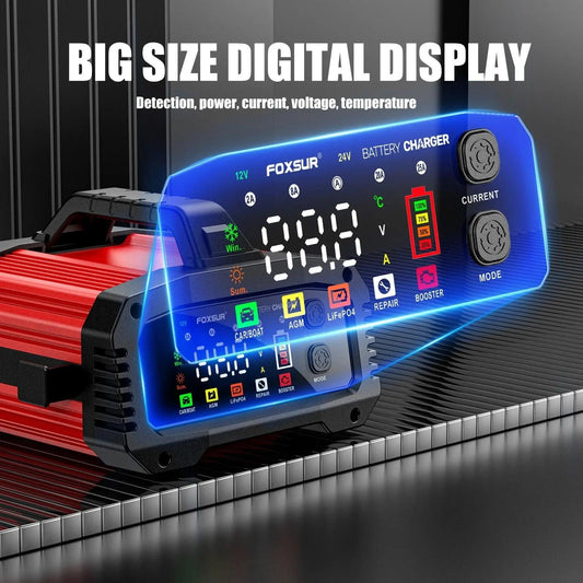 Portable 25A/15A Smart Car Battery Charger for 12V-24V Motorcycle Lead Acid AGM GEL LiFePo4 Batteries Car Booster Pulse Repair - MANDOTOS