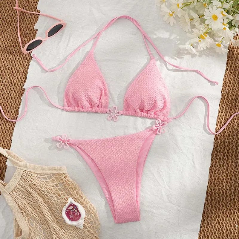Same-day Shipping Custom Sexy Solid Flower Special Fabric Push up Wrinkle Triangle Two Piece Bikini Women Halter Belt Swimwear - MANDOTOS INTERNATIONAL