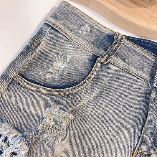 European Chic High Waist Light-Colored Raw Hem Jeans - MANDOTOS