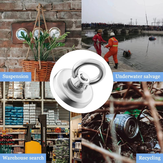 Super strong neodymium fishing magnet with countersunk hole and eyebolt for salvage and magnetic fishing, heavy-duty construction.