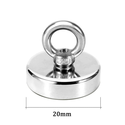 Super strong neodymium fishing magnet with countersunk hole and eyebolt for salvage and magnetic fishing applications.