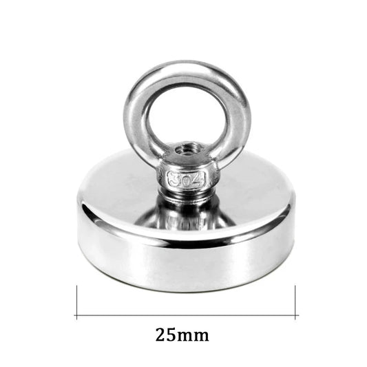 Super strong neodymium fishing magnet with countersunk hole and eyebolt for salvage and magnetic fishing applications.