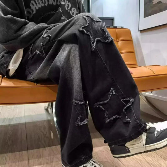 Stars Patchwork Men Jeans New Fashion Y2K Tassel Pants Korea Clothes Straight Hip Hop Splicing Trousers Male Streetwear - MANDOTOS