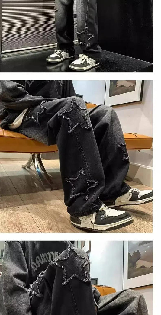 Stars Patchwork Men Jeans New Fashion Y2K Tassel Pants Korea Clothes Straight Hip Hop Splicing Trousers Male Streetwear - MANDOTOS