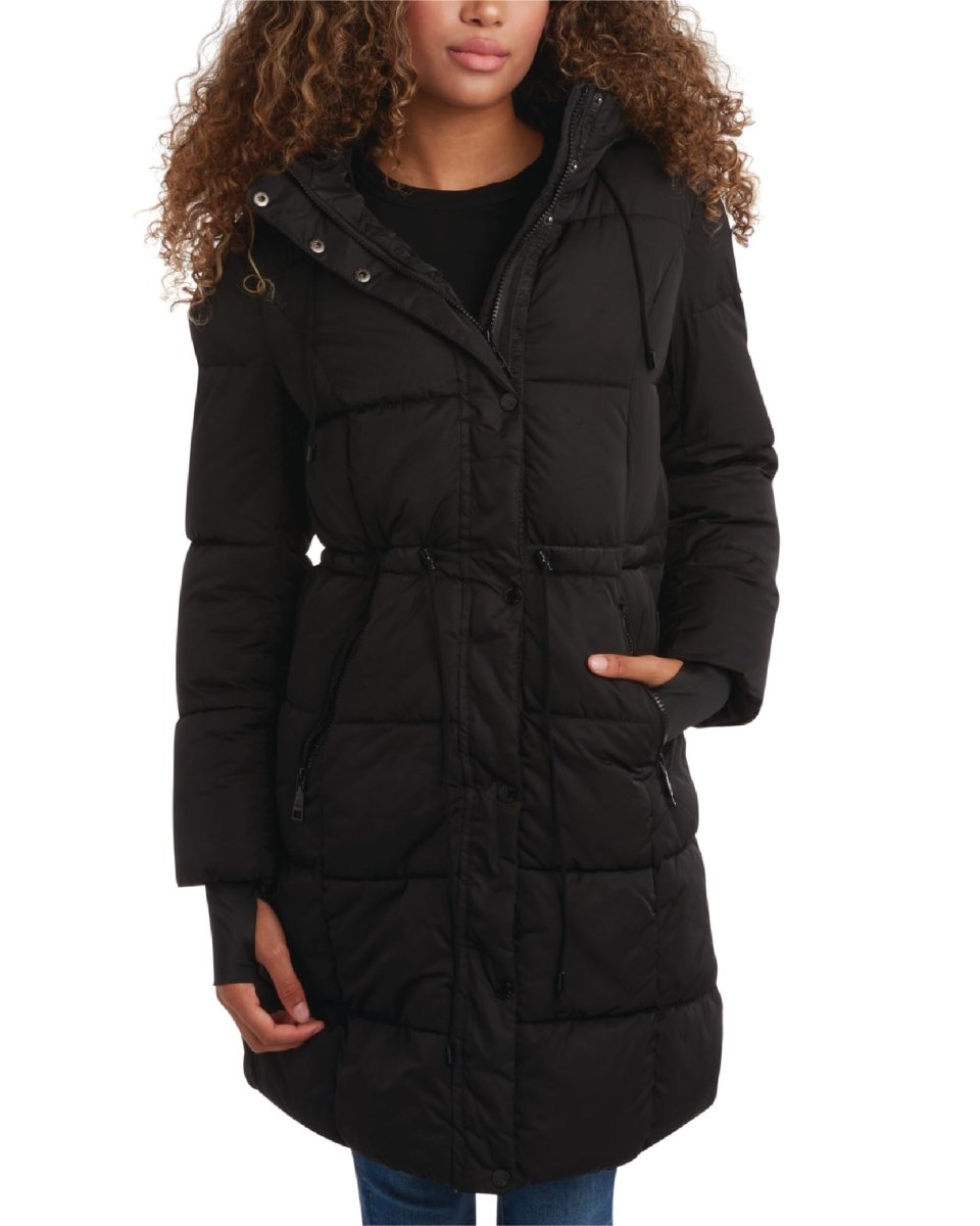 Steve Madden Women's Elegant Long Puffer Coat with Hood - Black X-Large - MANDOTOS INTERNATIONAL