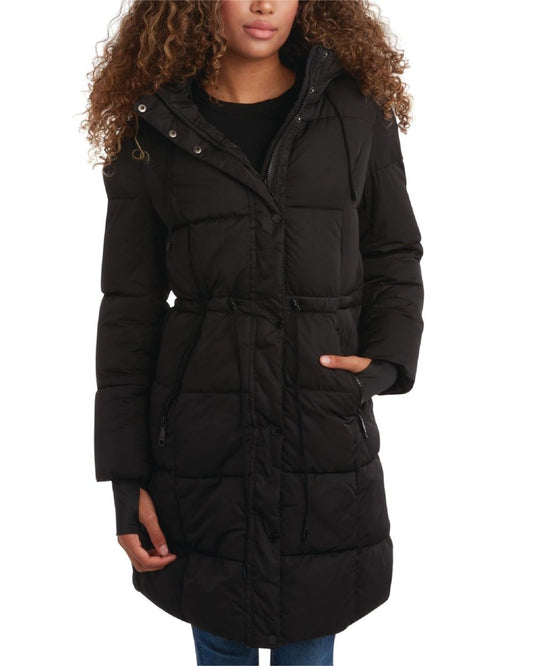 Steve Madden Women's Elegant Long Puffer Coat with Hood - Black X-Large - MANDOTOS INTERNATIONAL
