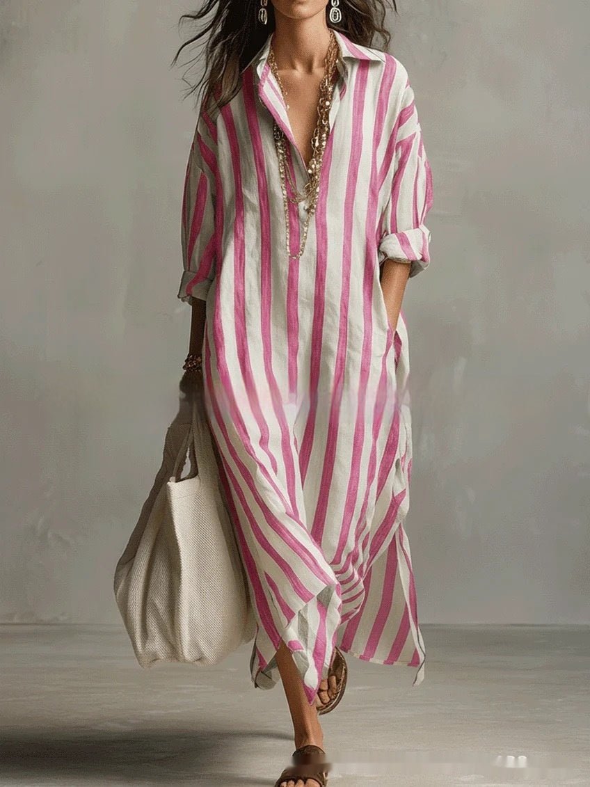 Striped Lapel Collar Dress – Side Slits & Pockets - MANDOTOS INTERNATIONALDresses