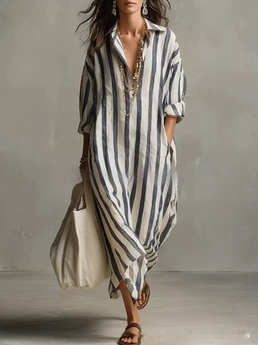 Striped Lapel Collar Dress – Side Slits & Pockets - MANDOTOS INTERNATIONALDresses