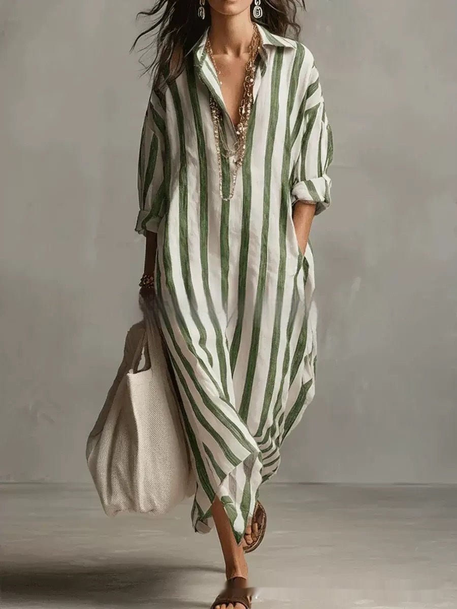 Striped Lapel Collar Dress – Side Slits & Pockets - MANDOTOS INTERNATIONALDresses
