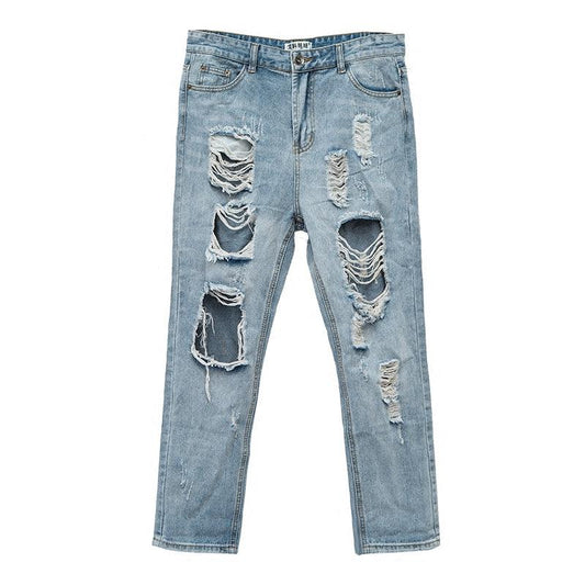 Summer Big Ripped Oversized Jeans Men's Cropped Jeans Men's Trendy K-style Beggar Scrape Cropped Ripped Pants - MANDOTOS