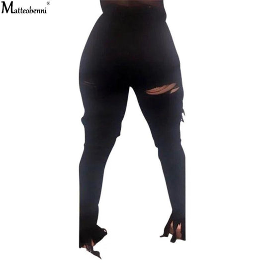 Summer Women Washed Ripped Jeans Fashion Sexy High Waist Skinny Denim Jeans Black Hollow Out Bleached Pencil Pants - MANDOTOS