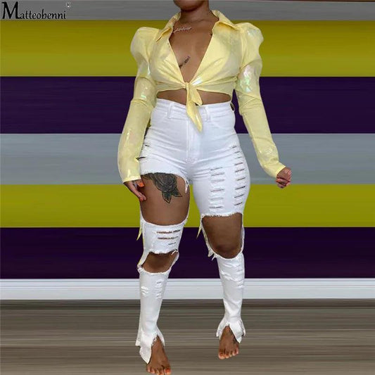 Summer Women Washed Ripped Jeans Fashion Sexy High Waist Skinny Denim Jeans Black Hollow Out Bleached Pencil Pants - MANDOTOS