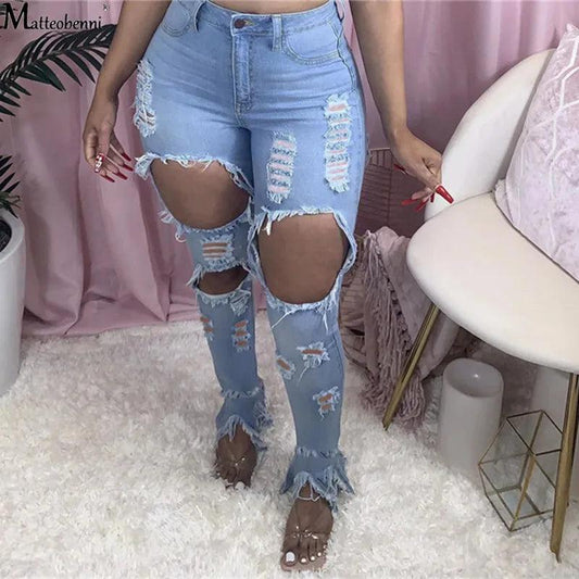 Summer Women Washed Ripped Jeans Fashion Sexy High Waist Skinny Denim Jeans Black Hollow Out Bleached Pencil Pants - MANDOTOS