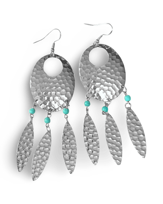 Navette Dream Catcher earrings by The Urban Charm featuring turquoise accents and feather details, hanging with intricate design.