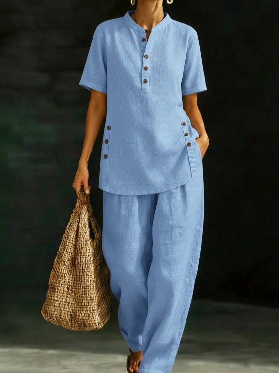 Three-Quarter Sleeve Shirt & Wide-Leg Pants Two-Piece Set – Solid Color Casual - MANDOTOS INTERNATIONALTwo-Piece Set