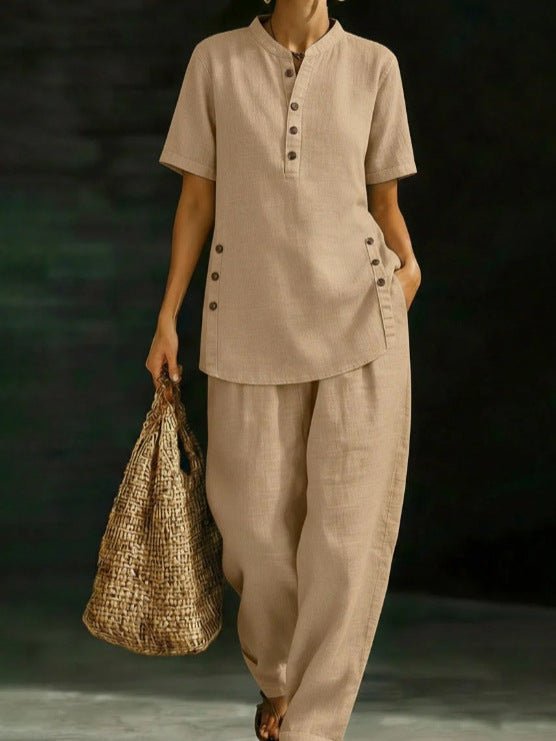 Three-Quarter Sleeve Shirt & Wide-Leg Pants Two-Piece Set – Solid Color Casual - MANDOTOS INTERNATIONALTwo-Piece Set