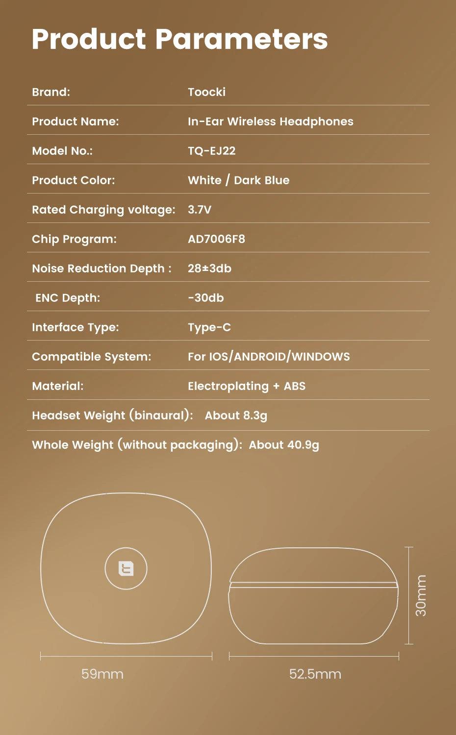 Toocki ANC Bluetooth Earphone 5.4 Dual Noise Cancellation Waterproof Wireless Headphone 3D Stereo In-ear ENC Earbuds With Mic - MANDOTOS