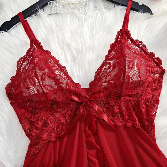 Transparent Red Sexy Lingerie Women's Underwear See Through Sleepwear Lace Nightdress And Panty Pijamas Sets Female Sexy Nighty - MANDOTOS