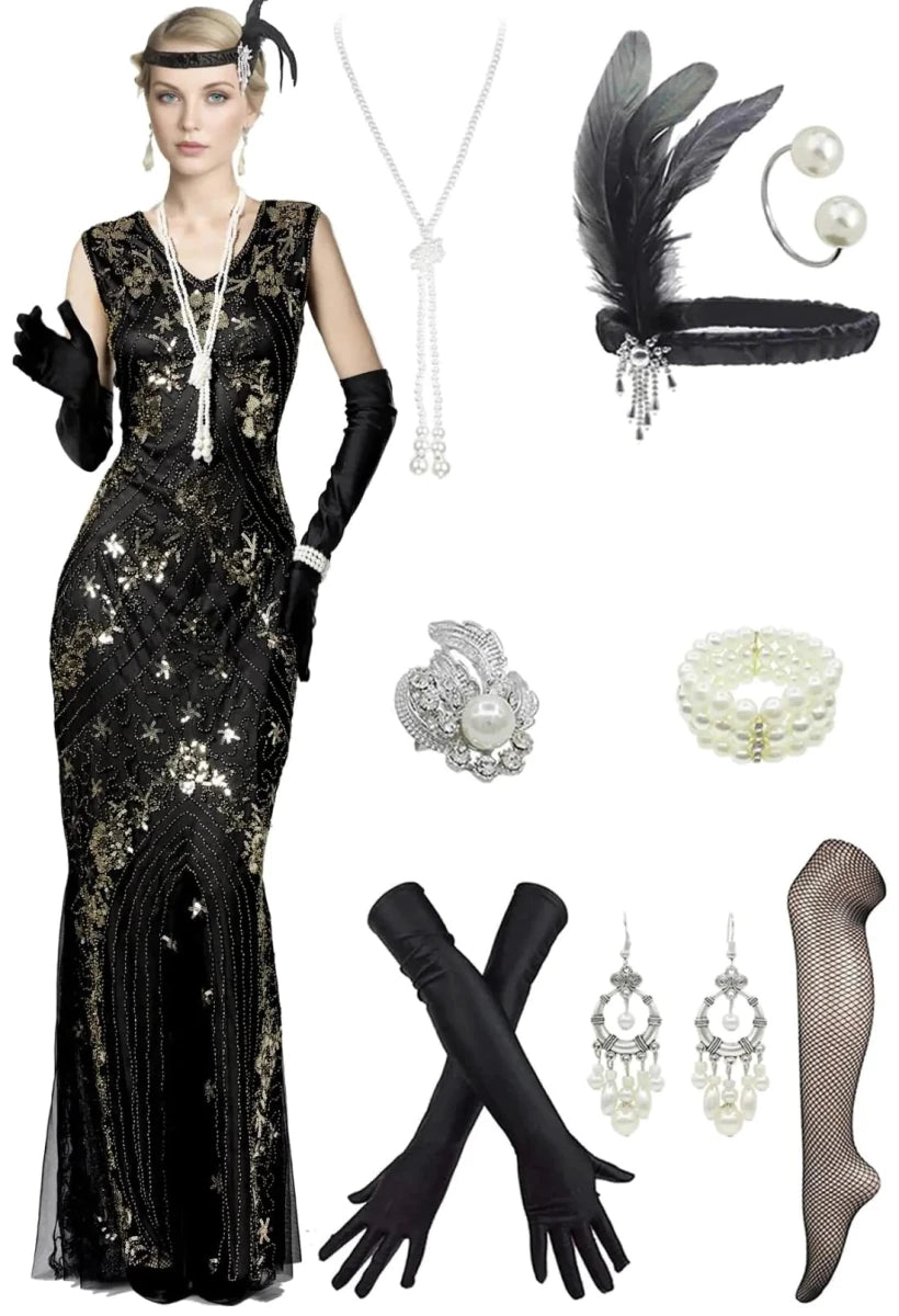 1920s Gatsby Sequin Gala Dress with Accessories - MANDOTOS INTERNATIONAL