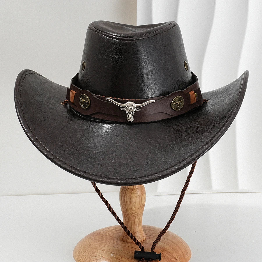 Unisex Vintage Faux Leather Western Cowboy Hat Outdoor Gentleman Cowgirl Jazz Cap Sombrero Hombre - MANDOTOS INTERNATIONAL