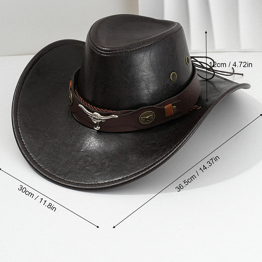 Unisex Vintage Faux Leather Western Cowboy Hat Outdoor Gentleman Cowgirl Jazz Cap Sombrero Hombre - MANDOTOS INTERNATIONAL