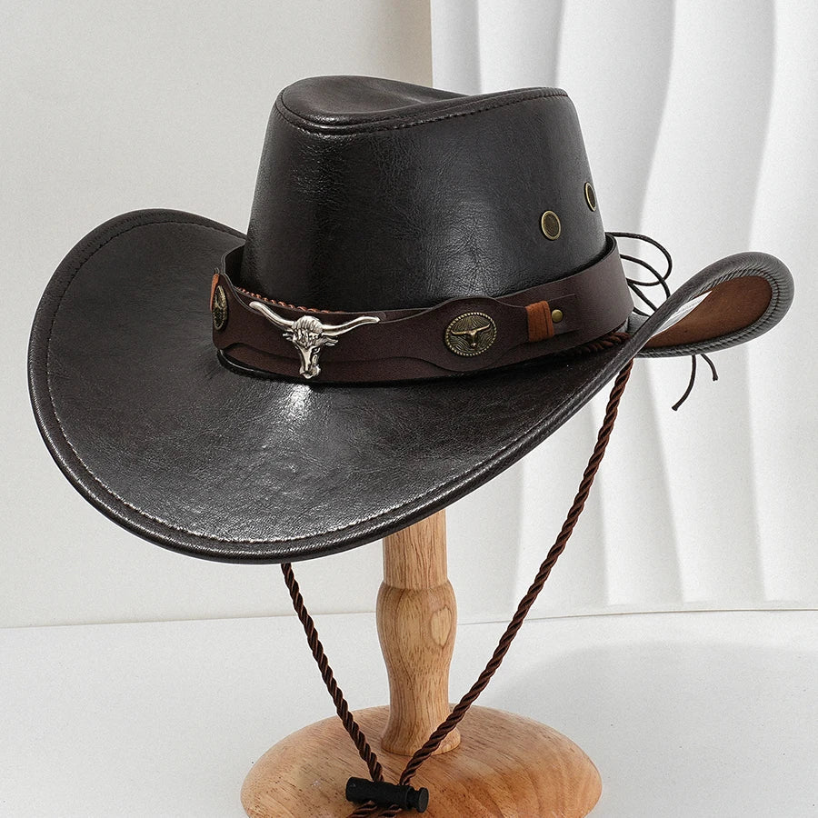 Unisex Vintage Faux Leather Western Cowboy Hat Outdoor Gentleman Cowgirl Jazz Cap Sombrero Hombre - MANDOTOS INTERNATIONAL