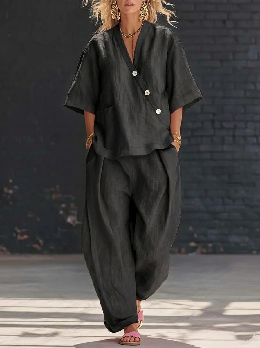 V-Neck Short Sleeve Top & High-Waist Trousers Two-Piece Set - MANDOTOS INTERNATIONALTwo-Piece Set