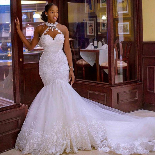 Vintage Lace Beaded Mermaid Wedding Dress - Sheer Neck Bridal Gown - MANDOTOS