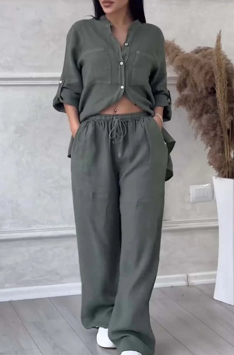 Wide-Leg Pants & Lace-Up Top Two-Piece Set – Solid Color, 12 Colors S–5XL - MANDOTOS INTERNATIONALTwo-Piece Set