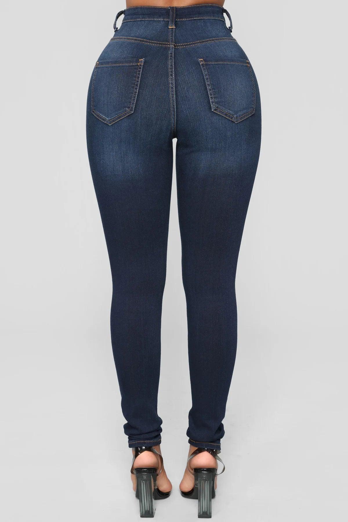 Women High Waist Stretch Hip Lift Denim Skinny Pants Jeans Full Length Sexy Slim Bleachded Solid Color Pants - MANDOTOS