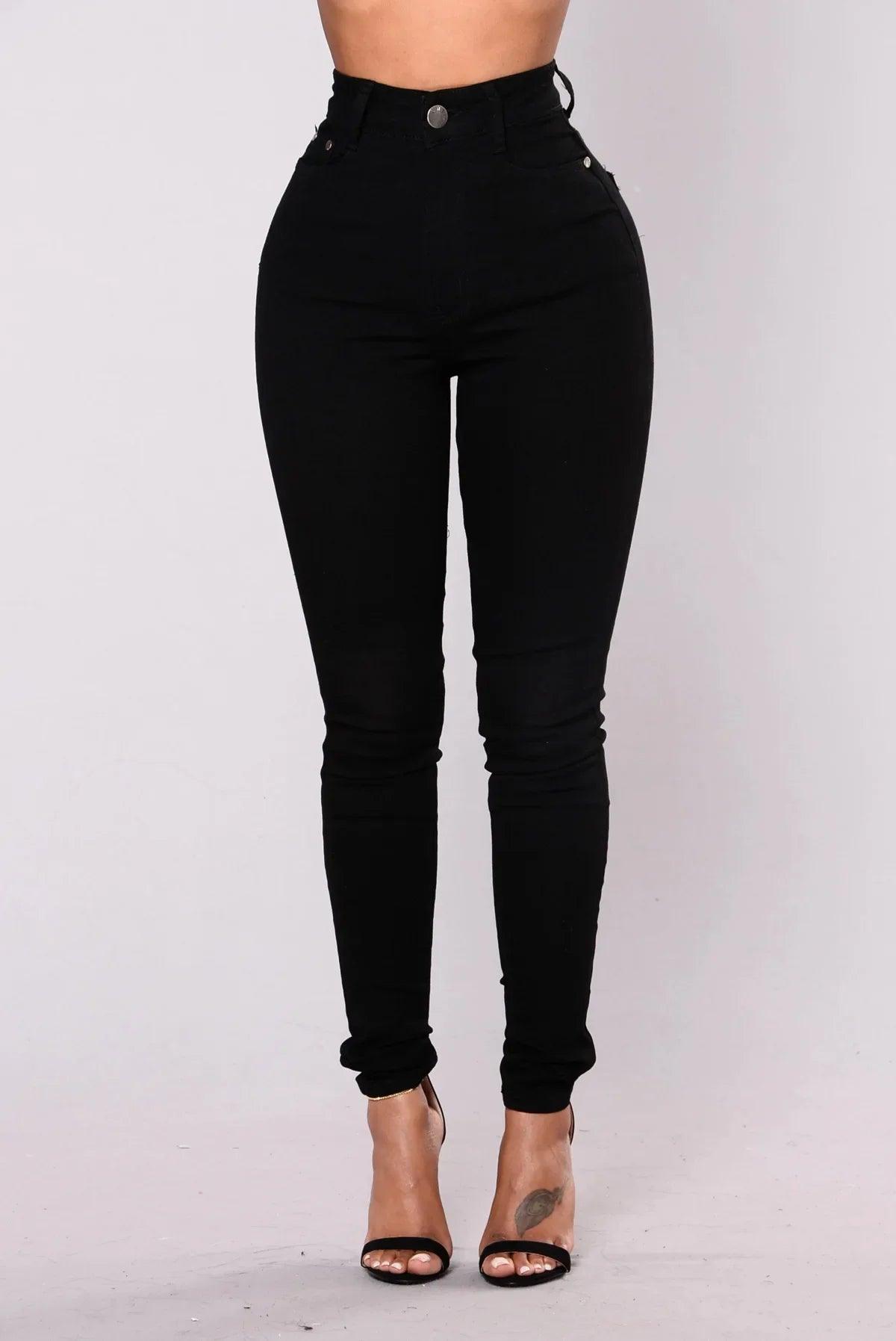 Women High Waist Stretch Hip Lift Denim Skinny Pants Jeans Full Length Sexy Slim Bleachded Solid Color Pants - MANDOTOS