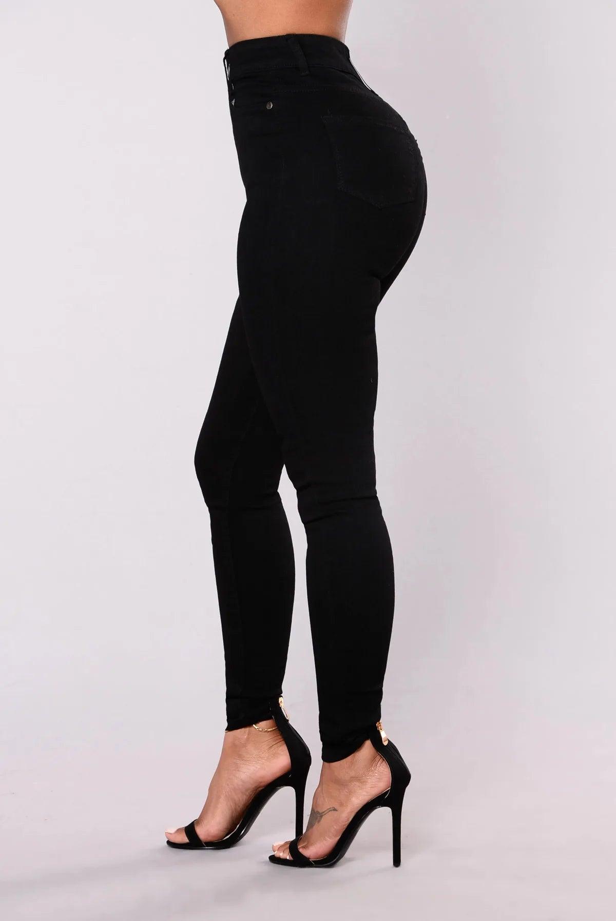 Women High Waist Stretch Hip Lift Denim Skinny Pants Jeans Full Length Sexy Slim Bleachded Solid Color Pants - MANDOTOS