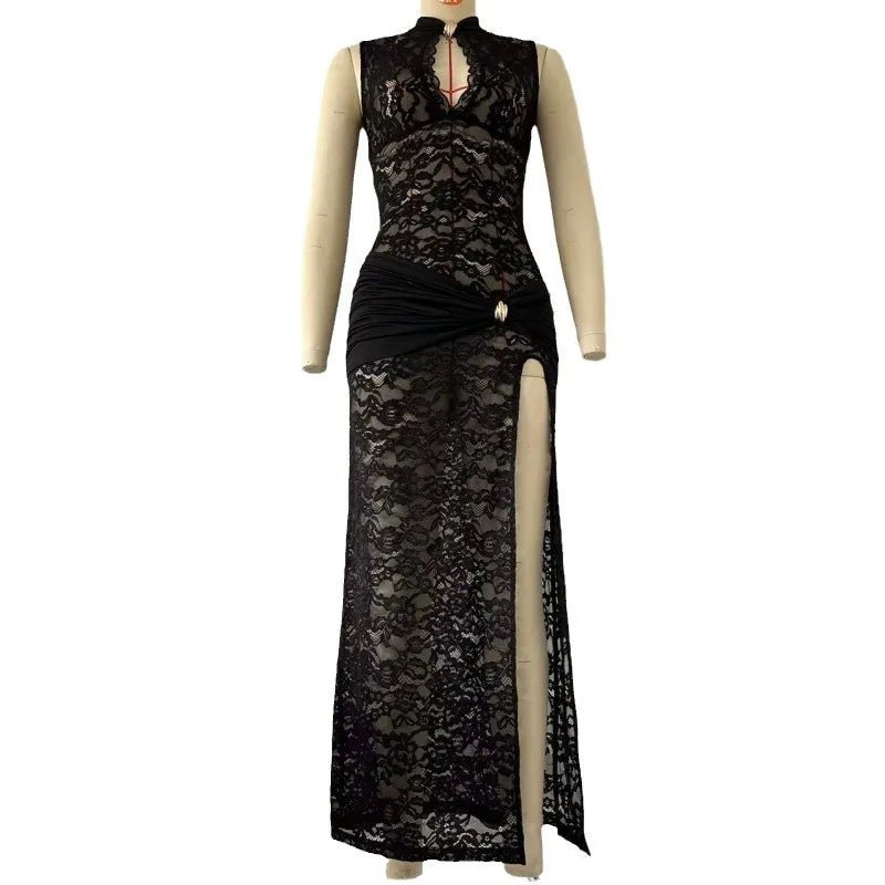 Sexy Lace Long Dress: Sleeveless High Slit Evening Party Clubwear Vintage Bodycon Vestidos - MANDOTOS INTERNATIONAL
