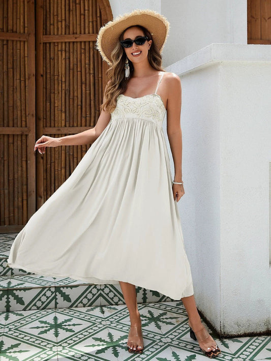 Women's Bohemian Maxi Dress - Breathable Rayon Fabric With Embroidered Bust And Elastic Back, Flowy Skirt In Black, White, And Green - MANDOTOS