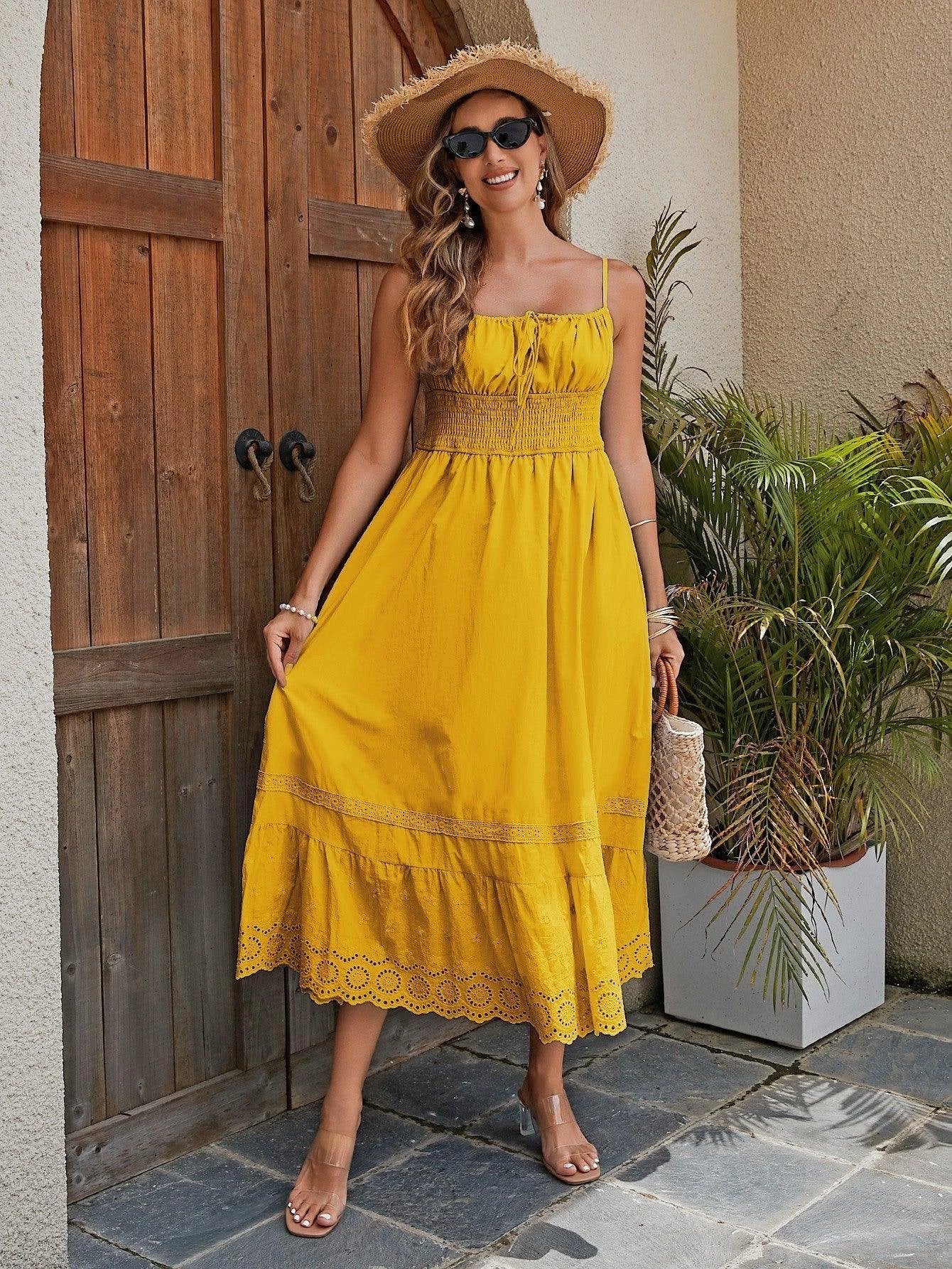 Mandotos French style cotton maxi dress for women with breathable fabric, embroidered hem, elastic waist, perfect for elegant summer wear.