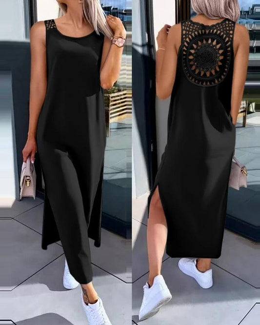 Womens Dresses 2024 Summer Fashion Slit Hollow-Out Casual Plain Round Neck Sleeveless Daily Straight Mid-Calf Dress - MANDOTOS