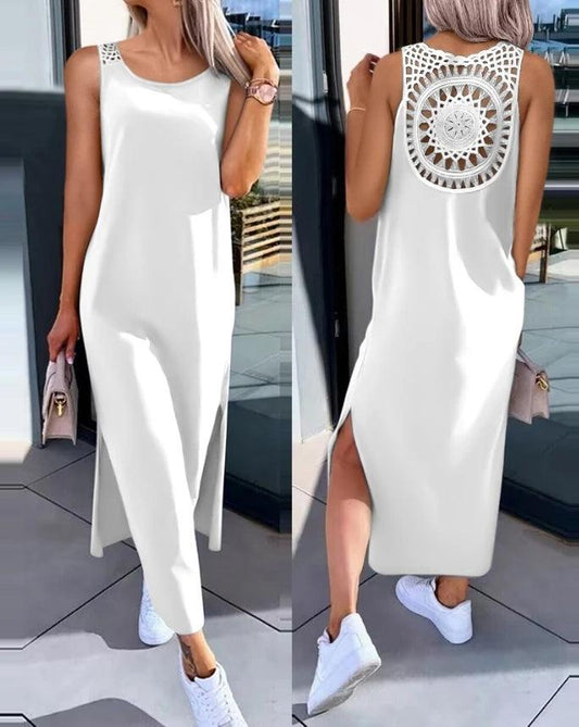 Womens Dresses 2024 Summer Fashion Slit Hollow-Out Casual Plain Round Neck Sleeveless Daily Straight Mid-Calf Dress - MANDOTOS