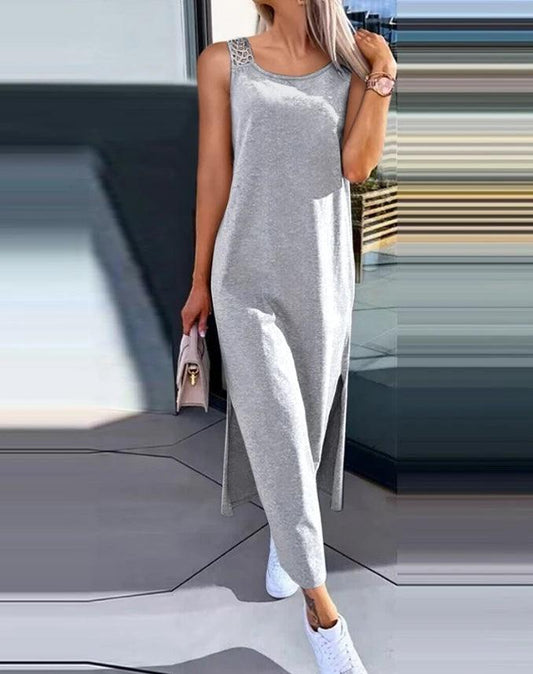 Womens Dresses 2024 Summer Fashion Slit Hollow-Out Casual Plain Round Neck Sleeveless Daily Straight Mid-Calf Dress - MANDOTOS